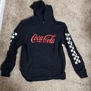 Coca-Cola Black Hoodie with Red Logo and Checkered Sleeves